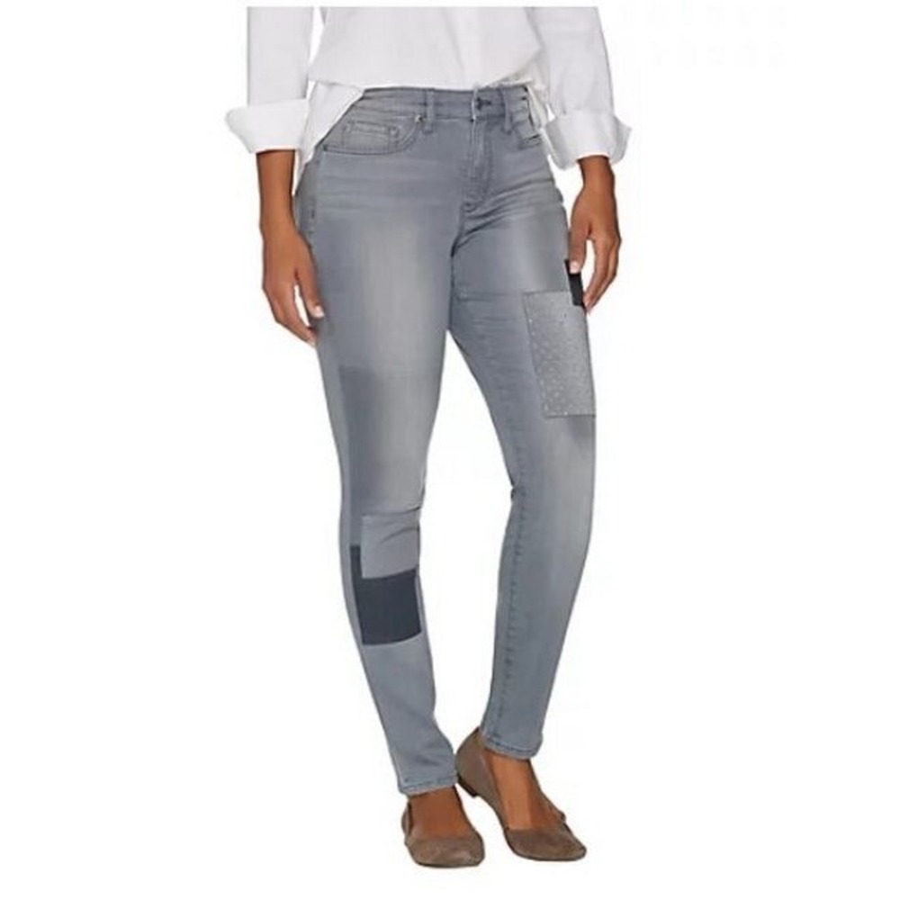 (A4) Martha Stewart Gray Patchwork Skinny Jeans Stretch Denim Size 16 Distressed